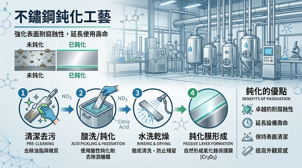 不鏽鋼鈍化是什麼？不鏽鋼鈍化是透過化學製程，精準移除表面因切削、研磨或焊接等加工所殘留的游離鐵與雜質，在完全不改變工件尺寸的前提下，根除引發提早生鏽的誘因。 該工序旨在乾淨的基底上，促使不鏽鋼表面自然生成一層極薄、緻密且富含三氧化二鉻的被動防護層，將材料的抗腐蝕效能提升至國際標準的防禦極限。