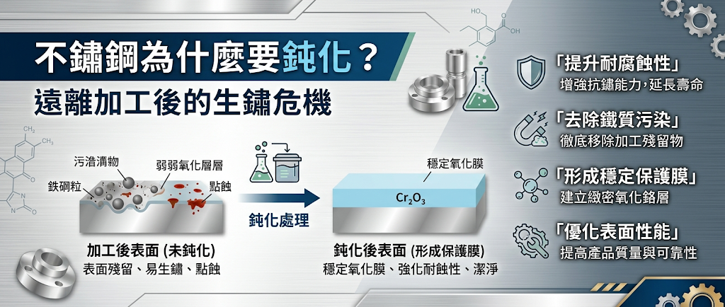 不鏽鋼為什麼要鈍化？遠離加工後的生鏽危機,金屬在經過切削、焊接、研磨等機械加工後，表面會殘留游離鐵、油污及氧化皮等雜質，這些污染物會破壞天然的被動保護膜，進而形成引發電化學腐蝕的隱形生鏽殺手。 透過專業鈍化製程能精準清除這層脆弱的活化態表面因，並在更純淨的基底上催化出緻密且均勻的富鉻被動氧化膜，使加工件回復並超越材料應有的高規格防腐蝕水準。