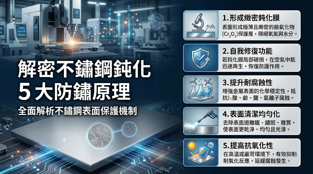 解密不鏽鋼鈍化 5 大防鏽原理 ,不鏽鋼鈍化並非單一化學反應，而是結合了清除表面污染、重構富鉻保護膜、阻隔外界介質、提升抗點蝕能力與促成自修復等五大原理的協同作用。 其核心在於透過這一連串表面工程，徹底消除微觀下的電化學腐蝕誘因，讓金屬表面達到熱力學上極度穩定的惰性狀態。