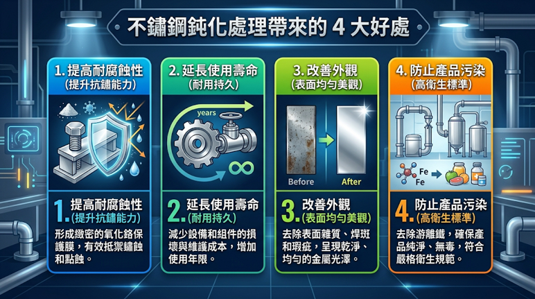 不鏽鋼鈍化處理帶來的 4 大好處 , 依據工業表面處理的實務大數據指出，規範化的化學鈍化能顯著延長工件壽命、確保品質高一致性，並從根本控制售後維修與退貨客訴等巨額隱性成本，將製程成本轉化為全方位的品質躍升。 鈍化能提供可驗證、可交付且高度穩定的表面被動狀態，是半導體、生醫醫療與航太精密製造中，順利通過法規稽核、嚴格審查與高品質交付標準的防腐蝕核心工序。