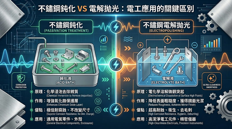 不鏽鋼鈍化 vs 電解拋光（電工）差在哪？鈍化主要透過酸液進行選擇性溶解，在完全不改變工件尺寸與外觀的前提下，清除游離鐵等隱形殺手並重塑奈米級保護膜，偏重防鏽與基礎潔淨。 電解拋光利用電壓將金屬表面的微觀凸峰全面刻磨掉，雖會微幅移除 5 至 50 微米的基材厚度，卻能同時達成卓越防鏽、高亮面鏡觀與無死角的頂級平滑潔淨度。