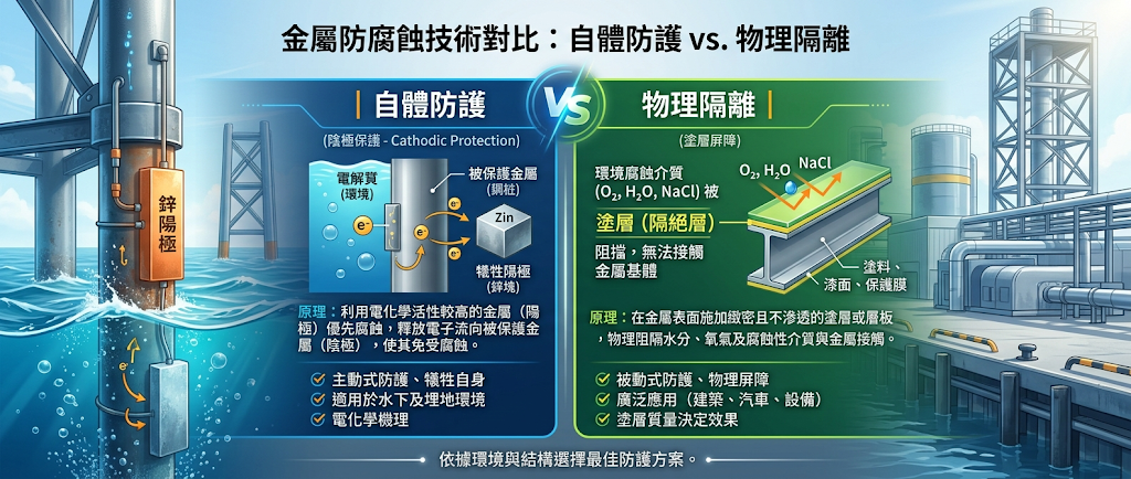 金屬「自體防護」vs.「物理隔離」,鈍化與電鍍的核心差別，在於「讓金屬自己變強」還是「幫金屬穿上防彈衣」。 鈍化屬於自體防護，就像啟動金屬本身的免疫系統，透過化學反應在表面形成穩定的氧化膜。 相較之下，電鍍則是利用物理隔離來達到防護效果。 它是在金屬外層包裹另一種金屬鍍層，用來阻隔外界的水氣與化學物質。