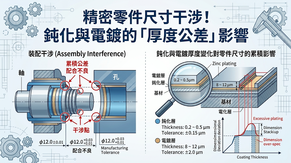 鈍化與電鍍的「厚度公差」影響 ,精密零件選錯表面處理時，最大的風險往往不是防鏽不足，而是膜厚造成的裝配公差干涉。 鈍化屬於分子級化學轉化反應，形成的保護膜約 1–5 奈米，幾乎不改變工件尺寸與外觀，因此適合精密孔徑、螺牙、滑配件、醫療器械、半導體閥件與航太微細零件等高公差應用。
