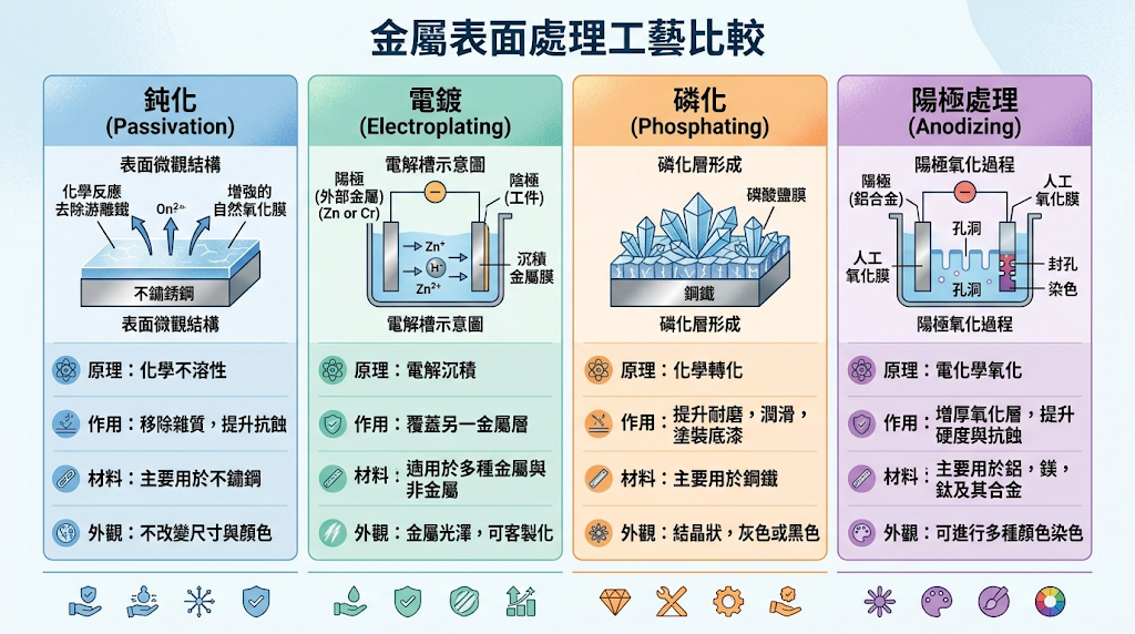 鈍化、電鍍、磷化、陽極處理有何不同？鈍化、電鍍、磷化與陽極處理的核心差異，在於「保護膜怎麼形成」。 鈍化是透過化學轉化清除游離鐵與污染物，啟動不鏽鋼或鈦合金的自體防護，適合醫療器械與高精密零件。 電鍍則是透過電解沉積外加一層金屬鍍層，能提供防鏽、導電、耐磨或裝飾效果。 磷化主要用於鋼鐵表面形成多孔性磷酸鹽皮膜，常作為烤漆、塗裝前處理，提升漆膜附著力。 陽極處理則是針對鋁、鈦、鎂等金屬進行電化學氧化，形成更厚、更硬且可染色的氧化膜。