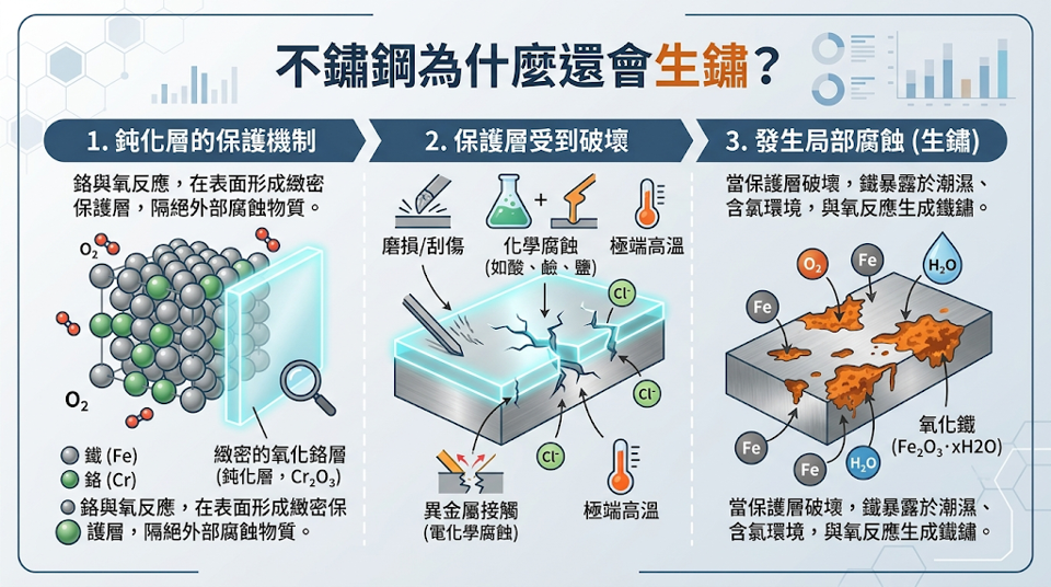 不鏽鋼為什麼還會生鏽？ 不鏽鋼的耐蝕性極度仰賴表面的天然鈍化膜，若機械加工破壞此防護層或引入污染物，即使選用 304/316 等高階鋼種亦會引發點蝕與鏽斑。 因此，不鏽鋼並非絕對「不鏽」，必須透過專業的化學鈍化處理徹底清除腐蝕誘因，才能重建被動膜機制並確保長效耐蝕能力。