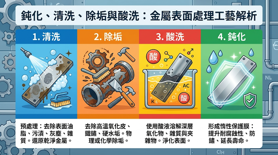 鈍化、清洗、除垢與酸洗有什麼不同？ 雖然清洗、除垢、酸洗與鈍化常被混為一談，但依據國際規範，它們的化學機制、處理目的與對金屬基材的影響截然不同。 為了避免零件不合格或尺寸超差等風險，工程與採購端必須嚴格釐清這四者的差異，並正確指定所需的表面處理製程。