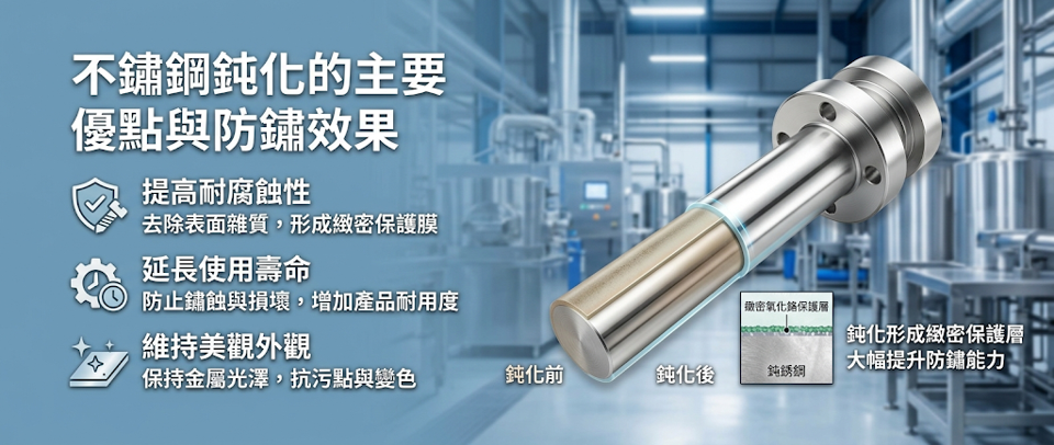 不鏽鋼鈍化的主要優點與防鏽效果 專業化學鈍化能以「零尺寸變更」的極低代價，最大化不鏽鋼的長效抗腐蝕潛力與表面潔淨度，是半導體、醫療等嚴苛環境產業不可或缺的標準製程。