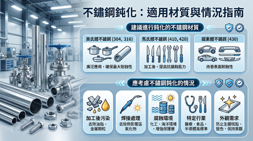 哪些材質與情況建議做不鏽鋼鈍化？ 雖然多數不鏽鋼（如沃斯田鐵、馬氏體與析出硬化型等）皆可進行鈍化，但各鋼種特性不同，必須依循 ASTM A967 等規範精準選用專屬藥液配方，無法一體適用。 特別在醫療、半導體、航太與食品等高潔淨產業，或採購規範明確要求時，專業的化學鈍化更是確保長效耐蝕與品質達標的絕對必要製程。