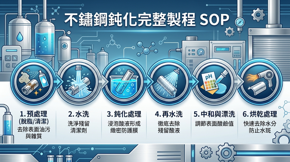 不鏽鋼鈍化的完整製程 SOP 不鏽鋼鈍化並非單純的泡酸動作，而是涵蓋「前處理清潔、化學鈍化、漂洗中和至純水乾燥」的嚴密標準化製程。 唯有精確控管每個環節，才能徹底避免交叉污染或閃蝕，確保不鏽鋼發揮最佳的長效耐蝕防護力。