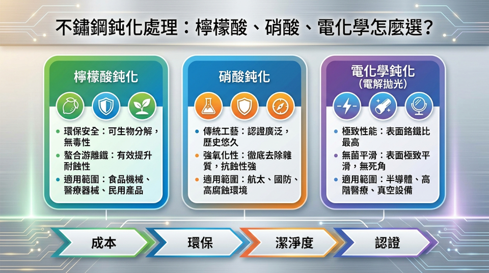 檸檬酸、硝酸與電化學鈍化怎麼選？ 挑選鈍化方法時，主要看鋼種特性、潔淨度需求與 ESG 環保規範。 目前注重潔淨度的產業多半優先採用相對安全環保的「檸檬酸」；「硝酸」則適用於傳統規範與較難處理的特殊鋼種；「電化學鈍化」則是針對平滑度與高亮面有嚴格要求時的選擇。