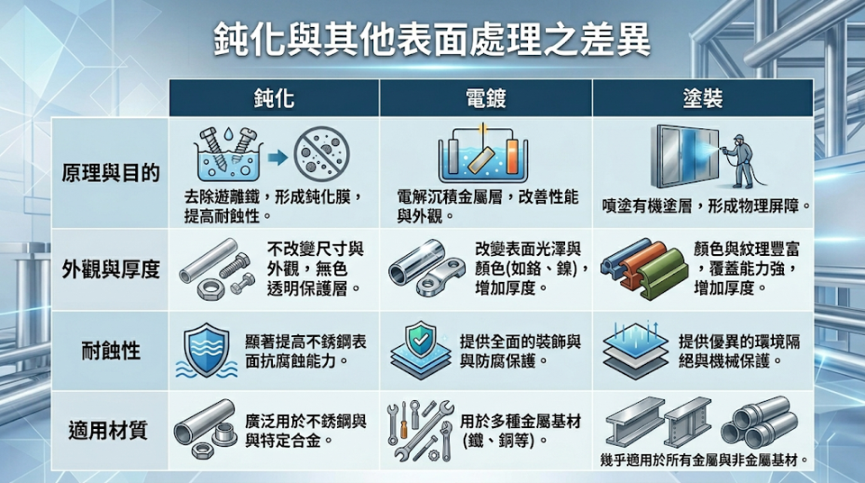 鈍化與其他表面處理的差異 不同的表面處理在物理機制、尺寸公差與外觀影響上有所差異。 規劃製程時，建議工程設計師先釐清「防鏽」背後的處理本質，以減少因選錯製程而導致零件配合失效或報廢的機率。