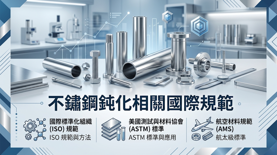 不鏽鋼鈍化相關國際規範 嚴格遵循 ASTM A967、ASTM A380 與 SAE AMS2700 等權威國際規範，是確保鈍化品質具備高度一致性，並成功打入全球高階供應鏈（如半導體、航太）的關鍵基礎。 針對醫療生醫等特規應用，製程更需結合 ISO 13485 品質管理體系，以達成防護效能的標準化驗證與絕對的可追溯性。