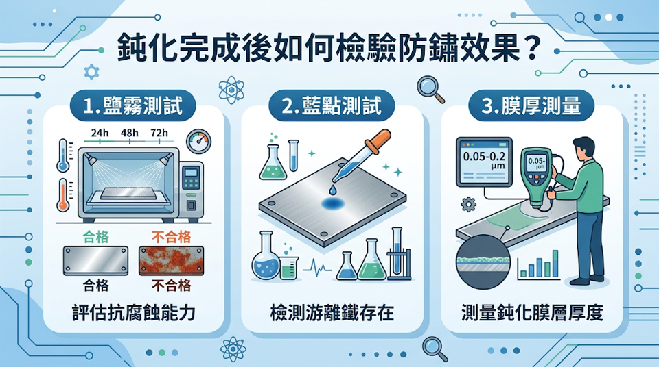 鈍化完成後如何檢驗防鏽效果？ 不鏽鋼鈍化的成效無法單憑肉眼判定，必須依循 ASTM A967 等國際規範，落實無異常的外觀檢查、游離鐵檢測（如硫酸銅試驗）以及環境耐蝕驗證（如高濕或鹽霧測試）。